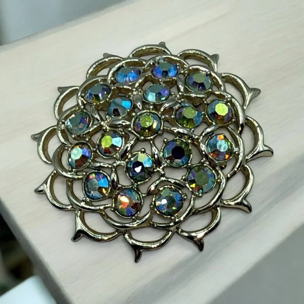 Sarah Coventry Vtg Aurora Borealis Rhinestone Limelight Pin  Brooch Earrings Set - Picture 3 of 7
